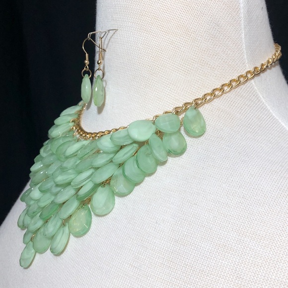 Mint Green Cascading Bib Necklace Earrings Set - Picture 2 of 2